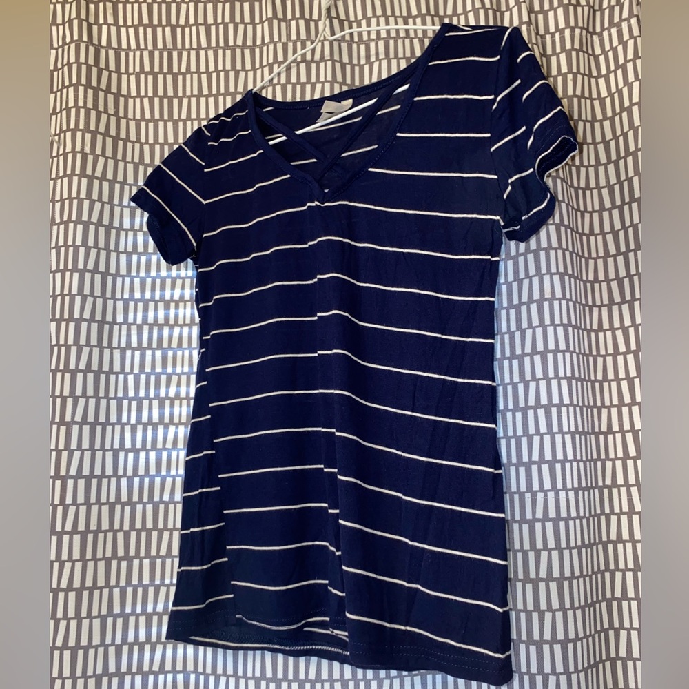 Love Charm Shirt. Size small, blue and white striped, v neck design.